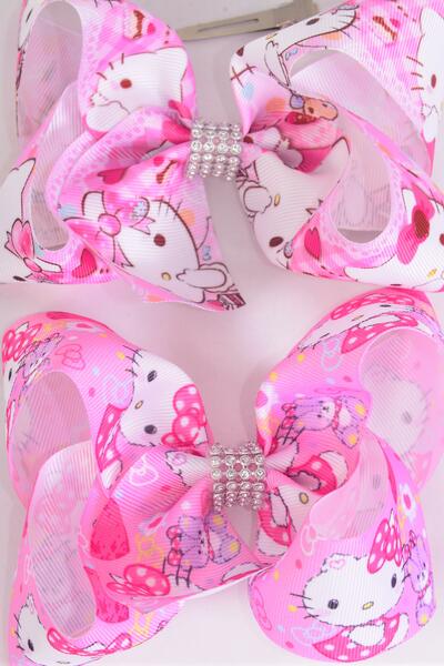 Hair Bow Jumbo Cute Kitty Grosgrain Bow-tie / 12 pcs Bow = Dozen Alligator Clip , Size - 6" x 5" Wide , 6 Of Each Pattern Asst , Clip Strip & UPC Code