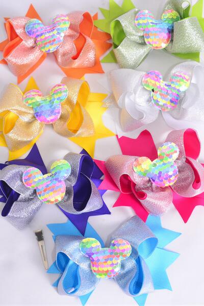 Hair Bow Jumbo Double Layered Center Flip Sequins Mouse Ear Charm Citrus Grosgrain Bow-tie / 12 pcs Bow = Dozen Alligator Clip , Size - 6" x 5" Wide , 2 Fuchsia , 2 Turquoise  ,2 White , 2 Purple , 2 Yellow , 1 Orange , 1 Lime Color Asst , Clip Strip & UPC Code