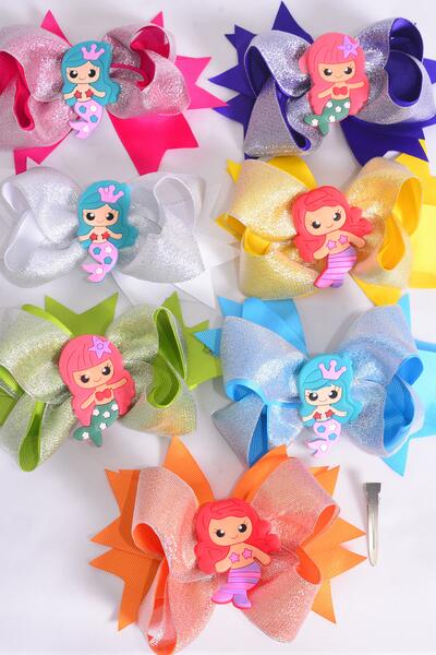 Hair Bow Jumbo Double Layered Mermaid Charm Citrus Grosgrain Bow-tie / 12 pcs Bow = Dozen  Citrus , Alligator Clip , 2 Fuchsia , 2 Blue , 2 Yellow , 2 Purple , 2 White , 1 Lime , 1 Orange Color Mix , Clip Strip & UPC Code