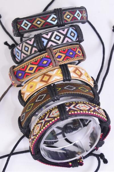 Bracelet Real Leather Band Aztec Geometric Print / 12 pcs = Dozen Unisex , Pull-String , Adjustable , 2 of each Pattern Mix , Individual Hang Tag & OPP Bag & UPC Code