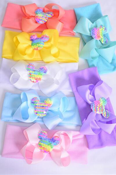 Headband Cotton Stretch Sequin Rainbow Mouse Ear  Charm Grosgrain Bow-tie Pastel / 12 pcs = Dozen Stretch , Width - 2.5" Wide , Bow - 5" x 5" Wide , 2 White , 2 Pink , 2 Blue , 2 Purple , 2 Yellow , 1 Peach , 1 Mint Color Mix , Hang Tag & UPC Code