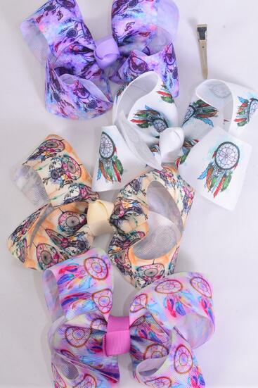 Hair Bow Jumbo Dream Catcher Grosgrain Bowtie / 12 pcs Bow = Dozen Dream Catcher , Alligator Clip , Size - 6" x 5" Wide , 3 Of each Pattern Asst , Clip Strip & UPC Code