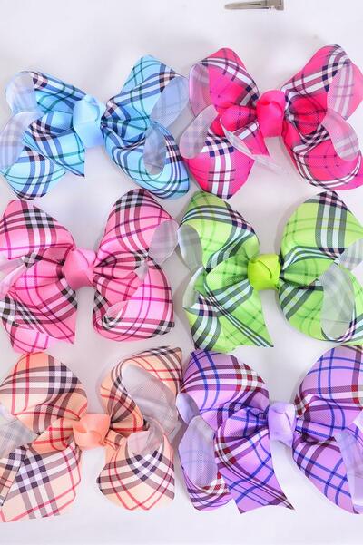 Hair Bow Jumbo Plaid Grosgrain Bow-tie / 12 pcs Bow = Dozen Multi , Alligator Clip , Size - 6" x 5" Wide , 2 Of each Pattern Asst , Clip Strip & UPC Code