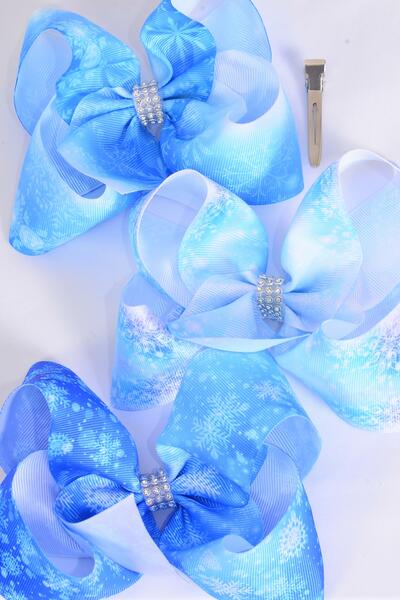 Hair Bow Jumbo Snowflake Grosgrain Bow-tie / 12 pcs Bow = Dozen 12 pcs Bow = Dozen  Snowflake , Alligator Clip , Size - 6" x 5" Wide , 4 Of each Pattern Asst , Clip Strip & UPC Code