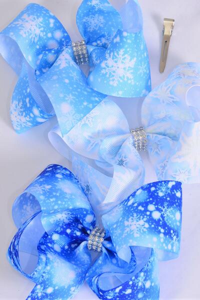 Hair Bow Jumbo Snowflake Grosgrain Bow-tie / 12 pcs Bow = Dozen 12 pcs Bow = Dozen  Snowflake , Alligator Clip , Size - 6" x 5" Wide , 4 Of each Pattern Asst , Clip Strip & UPC Code