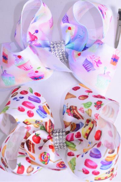 Hair Bow Jumbo Cupcake Macaroon Dessert Cookie Mix Grosgrain Bow-tie / 12 pcs Bow = Dozen Alligator Clip , Size - 6" x 5" Wide , 6 Of each Pattern Asst , Clip Strip & UPC Code