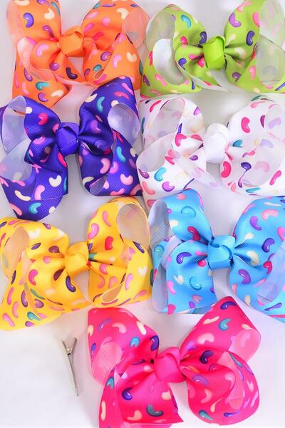 Hair Bow Jumbo Jelly Bean Candies Citrus Grosgrain Bow-tie / 12 pcs Bow = Dozen  Alligator Clip , Size - 6" x 5" Wide , 2 Fuchsia , 2 Blue , 2 White , 2 Purple , 2 Yellow , 1 Orange , 1 Lime Color Asst , Clip Strip & UPC Code