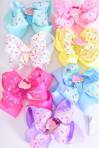 Hair Bow Jumbo Double Layered Jimmies Sprinkles Ice Cream Charm Grosgrain Bow-tie /  12 pcs Bow = Dozen Alligator Clip , Size- 6" x 5", 2 White , 2 Baby Pink , 2 Lavender , 2 Hot Pink , 2 Mint Green , 1 Blue , 1 Yellow Color Asst , Clip Strip & UPC Code