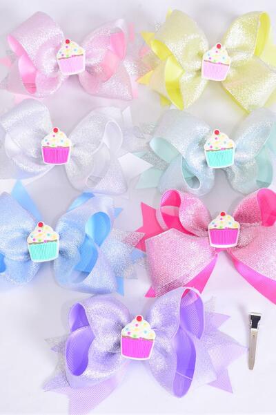 Hair Bow Jumbo Double Layered Muffin Cupcake Muffin Charm Pastel Grosgrain Bow-tie / 12 pcs Bow = Dozen Alligator Clip , Bow - 6" x 5" Wide , 2 White , 2 Lavender , 2 Baby Pink , 2 Hot Pink , 2 Mint Green , 1 Blue , 1 Yellow Asst , Clip Strip & UPC Code