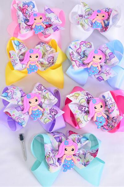 Hair Bow Jumbo Double Layered Mermaid Charm Grosgrain Bow-tie Pastel / 12 pcs Bow = Dozen Alligator Clip , Size - 6" x 6" Wide, 2 White, 2 Pink, 1 Blue, 1 Yellow, 2 Lavender, 2 Hot Pink, 2 Mint Green Color Asst, Clip Strip & UPC Code