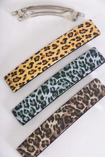 Hair Barrette French Clip Brush Stroked Leopard Mix / 12 pcs Bow = Dozen  Leopard , French Clip , Size - 4.5" x 1" Wide , 4 of each Pattern Asst , Hang Card & Individual OPP Bag & UPC Code