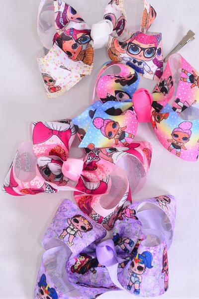 Hair Bow Jumbo LOL Doll Asst Pattern Grosgrain Bow-tie / 12 pcs = Dozen  Alligator Clip , Size - 6" x 5" Wide , 3 of each Pattern Asst , Clip Strip & UPC Code