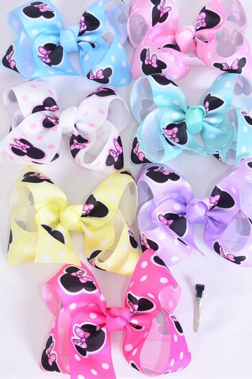 Hair Bow Jumbo Polka dot Mouse Ear Pastel Grosgrain Bow-tie / 12 pcs Bow = Dozen Alligator Clip , Size - 6" x 5" , 2 White , 2 Baby Pink , 2 Lavender , 2 Hot Pink , 2 Mint Green ,1 Blue, 1 Yellow Color Asst , Clip Strip & UPC Code