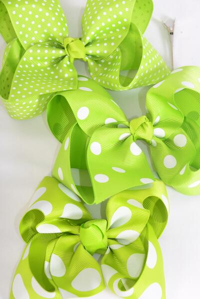 Hair Bow Jumbo Lime Polka dots Mix Grosgrain Bow-tie / 12 pcs Bow = Dozen  Lime Green Mix , Alligator Clip , Size - 6" x 5" Wide , 4 of each Pattern Mix , Clip Strip & UPC Code