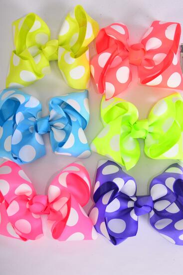 Hair Bow Jumbo Caribbean Neon Polka dots Grosgrain Bow-tie / 12 pcs Bow = Dozen Caribbean Neon , Alligator Clip , Size - 6"x 5" Wide , 2 of each Pattern Mix , Clip Strip & UPC Code