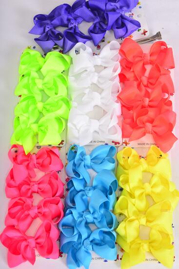 Hair Bows 48 pcs Caribbean Neon Grosgrain Bow-tie /12 card = Dozen  Alligator Clip , Size - 3" x 2" Wide , 2 Turquoise , 2 Orange , 2 White , 2 Pink, 2 Purple, 1 Yellow , 1 Lime Asst , 4 pcs per card , 12 Card = DZ