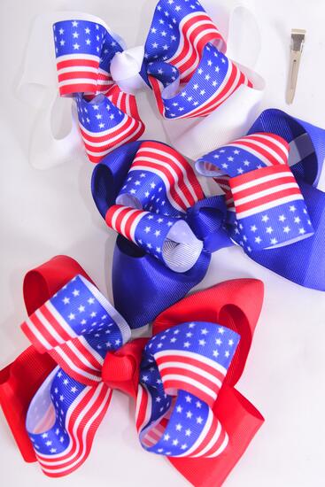 Hair Bow Jumbo Double Layered Patriotic Flag Grosgrain Bow-tie / 12 pcs Bow = Dozen Alligator Clip , Bow - 6" x 5" Wide , 4 of Each Pattern Asst , Clip Strip & UPC Code