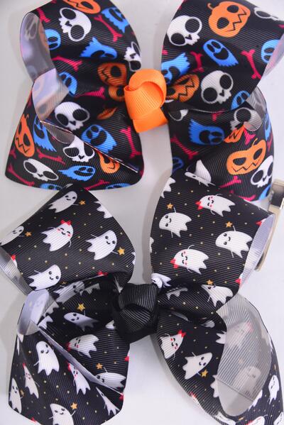 Hair Bow Jumbo Happy Halloween Cute Ghost Skull Mix Grosgrain Bow-tie / 12 pcs Bow = Dozen  Alligator Clip , Size - 6" x 5" Wide , 6 Of each Pattern Mix , Clip Strip & UPC Code