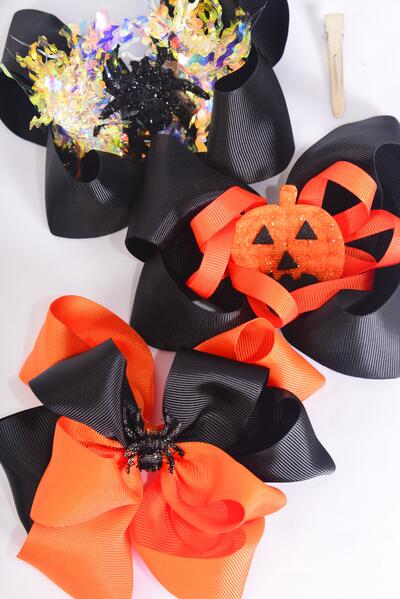 Hair Bow Jumbo Happy Halloween Pattern Mix Grosgrain Bow-tie / 12 pcs Bow = Dozen Halloween , Alligator Clip , Size - 6" x 5" Wide , 4 of each Pattern Asst , Clip Strip & UPC Code