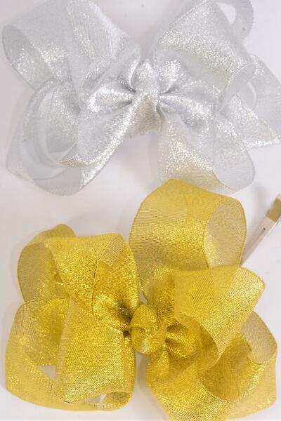 Hair Bow Jumbo Double Layered Metallic Gold Silver Mix / 12 pcs Bow = Dozen Alligator Clip , Size - 6" x 5" Wide , 6 Gold , 6 Silver Asst , Clip Strip & UPC Code