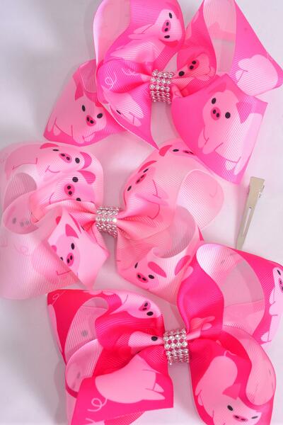 Hair Bow Jumbo Piggy Cute Farm Animal Grosgrain Bow-tie / 12 pca Bow = Dozen  Piggy , Alligator Clip , Bow - 6" x 5" Wide , 4 of each Pattern Asst , Clip Strip & UPC Code