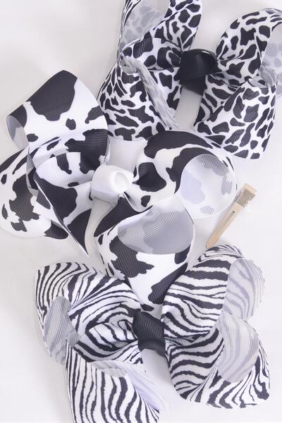 Hair Bow Jumbo Cow Zebra Leopard Pattern Mix Grosgrain Bow-tie / 12 pcs Bow = Dozen Alligator Clip , Size - 6" x 5" Wide , 4 of each Pattern Asst , Clip Strip & UPC Code