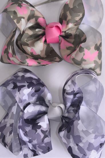 Hair Bow Jumbo Camouflage Butterfly Print Grosgrain Bow-tie Camo / 12 pcs Bow = Dozen Camo , Alligator Clip , Size - 6" x 5" Wide , 6 Of Each Pattern Asst , Hang Tag and UPC Code