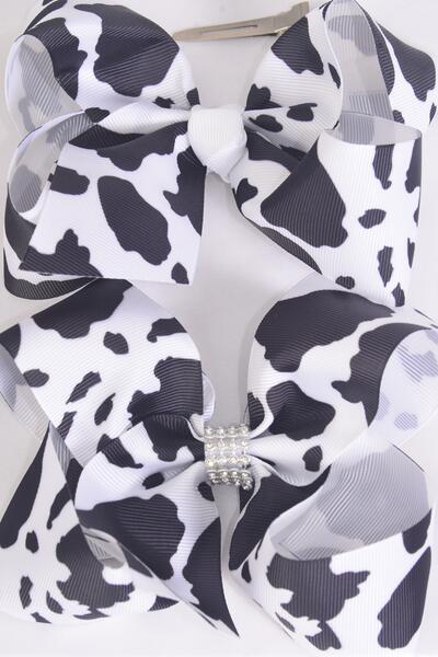 Hair Bow Jumbo Cow Pattern Grosgrain Bow-tie / 12 pcs Bow = Dozen  Alligator Clip , Size - 6" x 5" Wide ,  Clip Strip & UPC Code