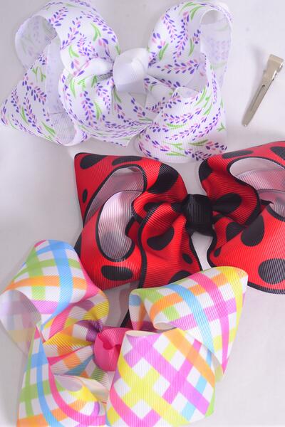 Hair Bow Jumbo Lavender Plaid Ladybug Mix Grosgrain Bow-tie / 12 pcs Bow = Dozen Alligator Clip , Size - 6" x 5" Wide , 4 Of Each Pattern Asst , Clip Strip & UPC Code