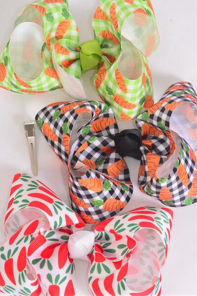 Hair Bow Jumbo Farm Carrot Grosgrain Bow-tie / 12 pcs Bow = Dozen Alligator Clip , Size - 6" x 5" Wide , 4 of each Pattern Asst , Clip Strip and UPC Code