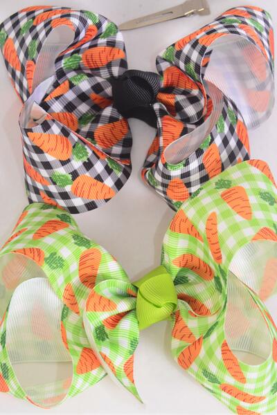 Hair Bow Jumbo Farm Carrot Plaid Grosgrain Bow-tie / 12 pcs Bow = Dozen Alligator Clip , Size - 6" x 5" Wide , 6 of each Pattern Asst , Clip Strip and UPC Code