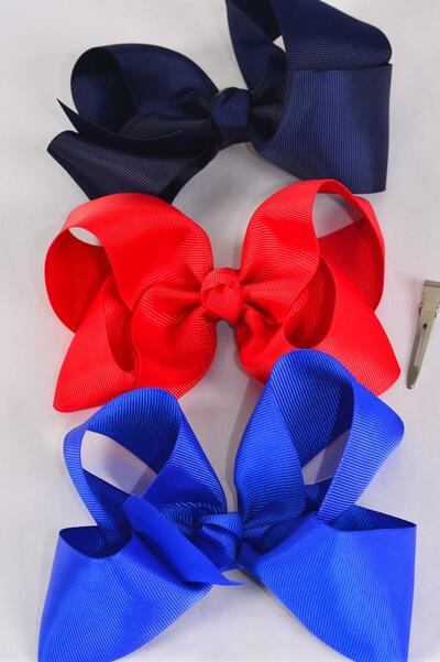 Hair Bow Large Royal Blue Red Navy Mix Grosgrain Bow-tie / 12 pcs = Dozen Alligator Clip , Size - 4" x 3" Wide , 4 of each Color Asst , Clip Strip & UPC Code