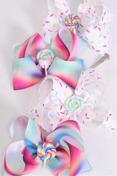 Hair Bow Jumbo Tiedye Sprinkles Lollipop Charm Grosgrain Bow-tie / 12 pcs Bow = Dozen Lollipop , Alligator Clip , Size - 6" x 5" Wide , 3 of each Color Asst , Clip Strip and UPC Code