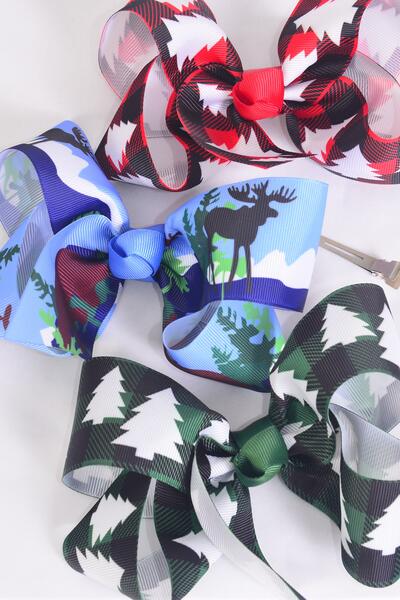 Hair Bow Jumbo Plaid Alpine Tree Wildlife Mix Grosgrain Bow-tie / 12 pcs Bow = Dozen Alligator Clip , Size - 6" x 5" Wide , 4 Of Each Pattern Asst , Clip Strip & UPC Code