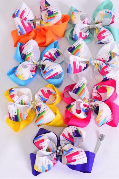 Hair Bow Jumbo Double Layered Color Pencil Back to school Grosgrain Bow-tie Multi / 12 pcs Bow = Dozen Alligator Clip , Size - 6" x 5" Wide , 2 White , 2 Fuchsia , 2 Purple , 2 Yellow , 2 Blue , 1 Lime , 1 Orange Color Asst , Clip Strip and UPC Code