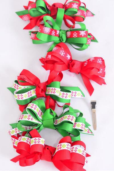 Hair Bow Xmas Loop Bow Snowflake Grosgrain / 12 pcs Bow = Dozen Snowflake , Alligator Clip , Bow Size - 4.5" x 3.5" , 2 of each Pattern Asst , Display Card & UPC Code , W Clear Box