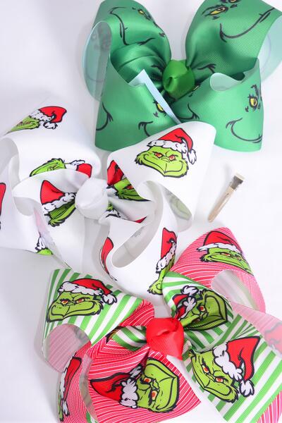 Hair Bow Jumbo Christmas Grinch Mix Grosgrain Bow-tie / 12 pcs Bow = Dozen  Grinch , Alligator Clip , Size - 6" x 5" Wide , 4 of each Pattern Asst , Clip Strip & UPC Code