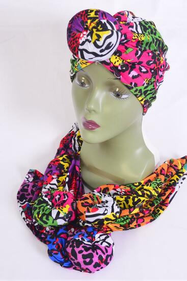 Turban Headwrap Cotton Stretch Ethnic Multi / 12 pcs = Dozen Multi , 3 Of each Pattern Asst , Wrinkle Free , Super Comfort, Hang Tag & UPC Code