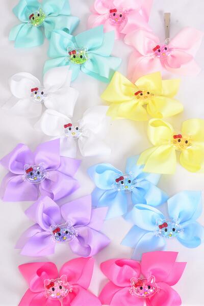 Hair Bow 24 pcs Cute Kitty Charm Pastel Grosgrain Bow-tie / 12 pair Bow = Dozen Alligator Clip , Size - 3.5" x 3" , 2 White , 2 Baby Pink , 2 Lavender , 2 Blue , 2 Yellow , 1 Hot Pink , 1 Mint Color Asst , Clip Strip & UPC Code