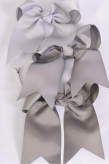 Hair Bow Extra Jumbo Long Tail Cheer Bow type Gray Mix Grosgrain Bow-tie / 12 pcs Bow = Dozen Gray Mix , Alligator Clip, Size - 6.5" x 6" Wide , 4 Shell Gray , 4 Silver , 4 Metal Gray Color Asst , Clip Strip & UPC Code