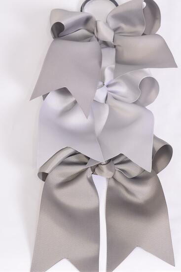 Hair Bow Extra Jumbo Long Tail Cheer Type Bow Gray Mix Elastic Grosgrain Bow-tie / 12 pcs Bow = Dozen Gray Mix , Elastic , Size- 6.5" x 6" Wide , 4 Silver Gray , 4 Light Gray , 4 Dark Gray Color Asst , Clip Strip & UPC Code