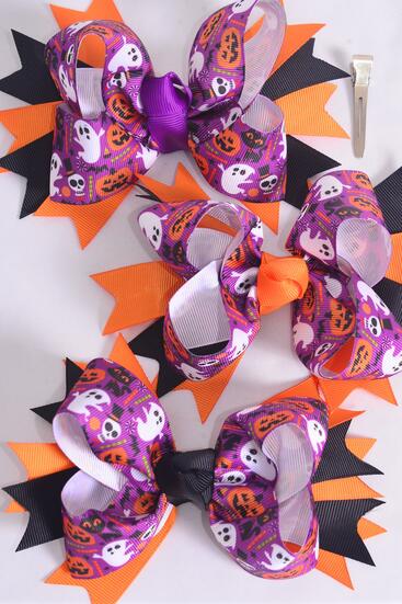 Hair Bow Jumbo Happy Halloween Jack Olantern Pumpkin Ghost Grosgrain Bow-tie / 12 pcs Bow = Dozen  Alligator Clip , Size - 6" x 5" Wide , 4 of each Color Asst , Clip Strip and UPC Code