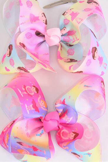 Hair Bow Jumbo Cute Ballerina Tiedye Grosgrain Bow-tie / 12 pcs Bow = Dozen Alligator Clip , Size - 6" x 5" Wide , 6 of each Pattern Asst , Clip Strip & UPC Code