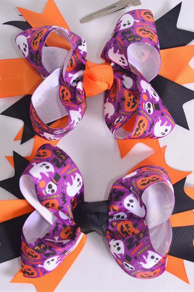 Hair Bow Jumbo Halloween Double Layered Jack Olantern Pumpkin Ghost Grosgrain Bow-tie / 12 pcs Bow = Dozen Alligator Clip , Size- 6" x 6" Wide , 6 of each Color Asst , Clip Strip & UPC Code