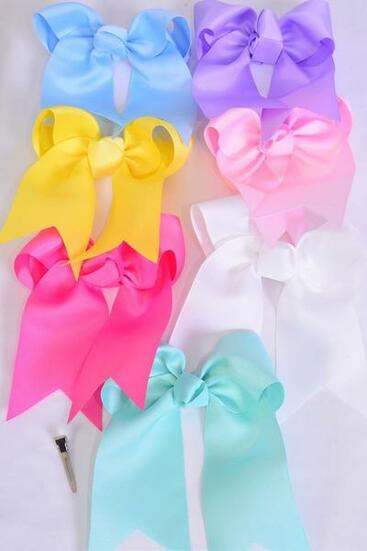 Hair Bow Extra Jumbo Long Tail Cheer Type Bow Pastel Grosgrain Bow-tie /12 pcs Bow = Dozen Size-6.5"x 6" Wide , Alligator Clip ,2 White ,2 Baby Pink ,2 Lavender ,2 Hot Pink ,2 Mint Green ,1 Blue ,1 Yellow Color Asst ,Clip Strip & UPC Code