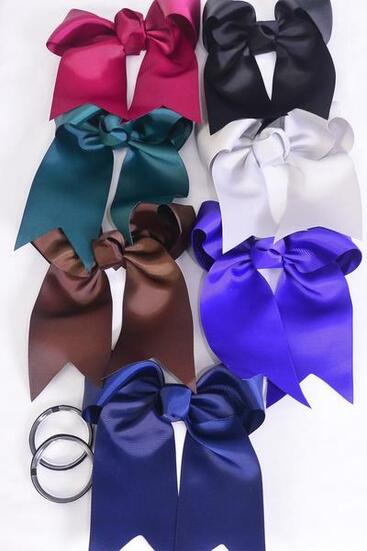 Hair Bow Extra Jumbo Long Tail Cheer Type Bow Elastic Dark Multi Grosgrain Bow-tie / 12 pcs Bow = Dozen  Dark Multi , Elastic , Size - 6.5" x 6" Wide , 2 Black , 2 Brown , 2 Navy , 2 Wine , 2 Hunter Green , 2 Purple Mix , Clip Strip & UPC Code