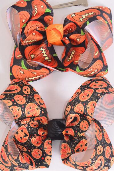 Hair Bow Jumbo Happy Halloween Jack Olantern Happy Pumpkin Mix Grosgrain Bow-tie / 12 pcs Bow = Dozen Alligator Clip , Size - 6" x 5" Wide , 6 Of each Pattern Mix , Clip Strip & UPC Code