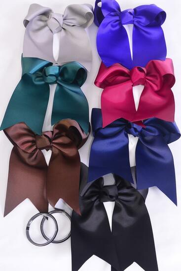 Hair Bow Extra Jumbo Long Tail Elastic Pony Grosgrain Bow-tie Dark Multi / 12 pcs Bow = Dozen Elastic , Size - 6.5" x 6" Wide , 2 Black , 2 Navy , 2 Burg , 2 Purple , 2 Brown , 1 Gray , 1 Hunter Green Color Asst , Clip Strip & UPC Code