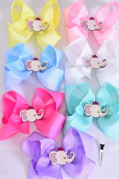 Hair Bow Jumbo Metallic Elephant Charm Pastel Grosgrain Bow-tie / 12 pcs Bow = Dozen Alligator Clip , Size - 6" x 5" Wide , 2 White , 2 Pink , 1 Blue , 1 Yellow , 2 Lavender , 2 Hot Pink ,2 Mint Green Color Asst , Clip Strip & UPC Code