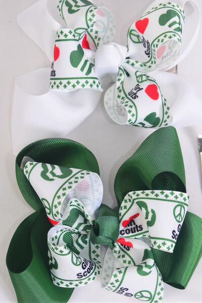 Hair Bow Jumbo Double Layered Girl Scouts Grosgrain Bow-tie / 12 pcs Bow = Dozen Girl Scout , Alligator Clip , Size - 6" x 5" Wide , 6 Green , 6 White Pattern Asst , Clip Strip & UPC Code